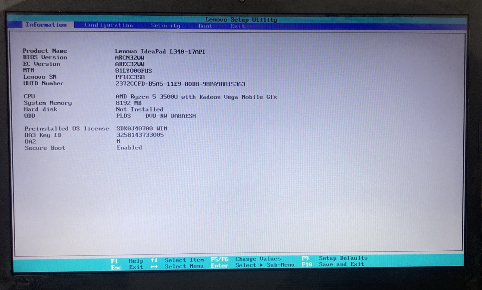 Lenovo Ideapad L340-17API AMD Ryzen 5 3500U 2.1 GHz 8 GB No HDD Boot to BIOS