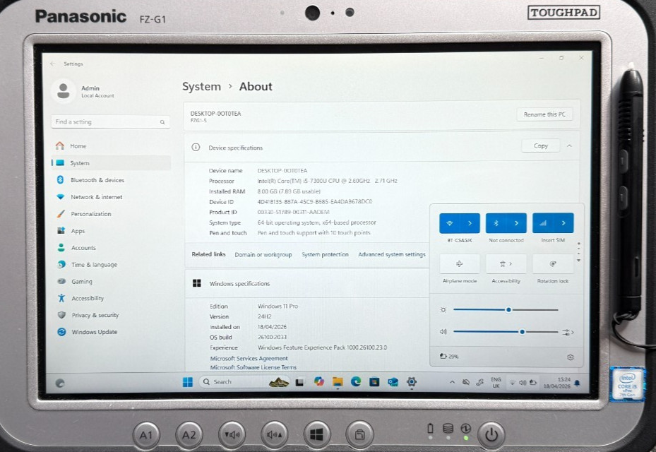 PANASONIC FZ-G1 MK5 10.1″ WUXGA i5-7300U 512GB SSD 8GB 4G LTE MICRO SD READER