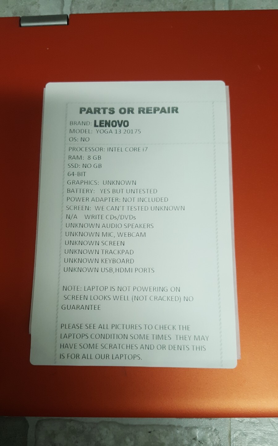 PARTS/REPAIR Lenovo IdeaPad Uoga 13 20175 Orange Intel Core i7 NO OS