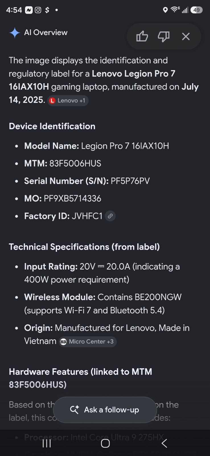 Lenovo Legend Pro7 Gaming Laptop 161AX10H