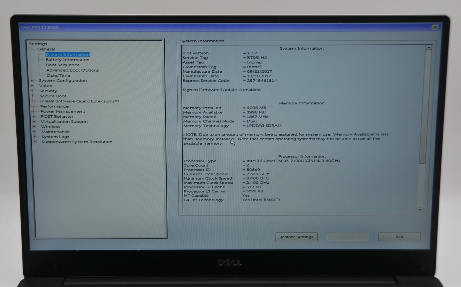 Dell XPS 13 9360 13.3″ _ i3-7100U @ 2.40 _ 4GB RAM _ 256GB SSD _ No OS _ w/ AC