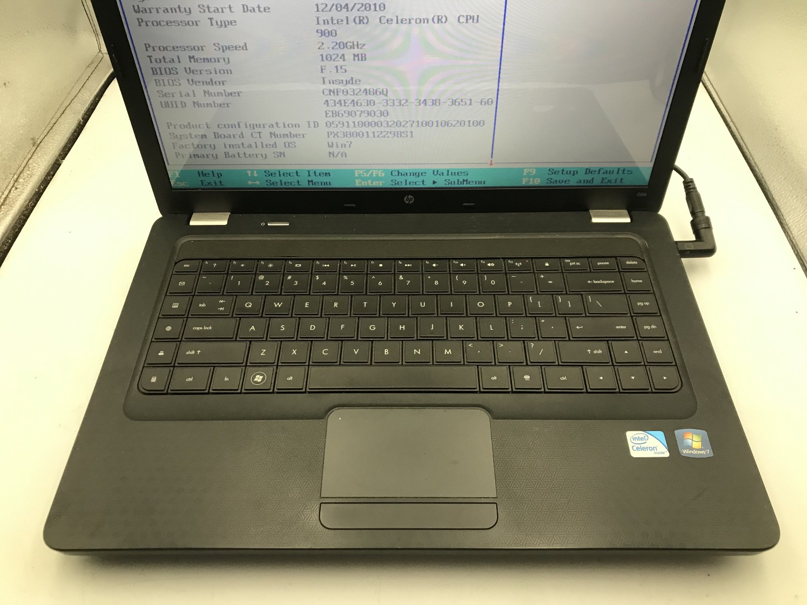 HP G56 129WM NOTEBOOK – BOOTS TO BIOS – INTEL CELERON – NO RAM -READ DESCRIP- BB