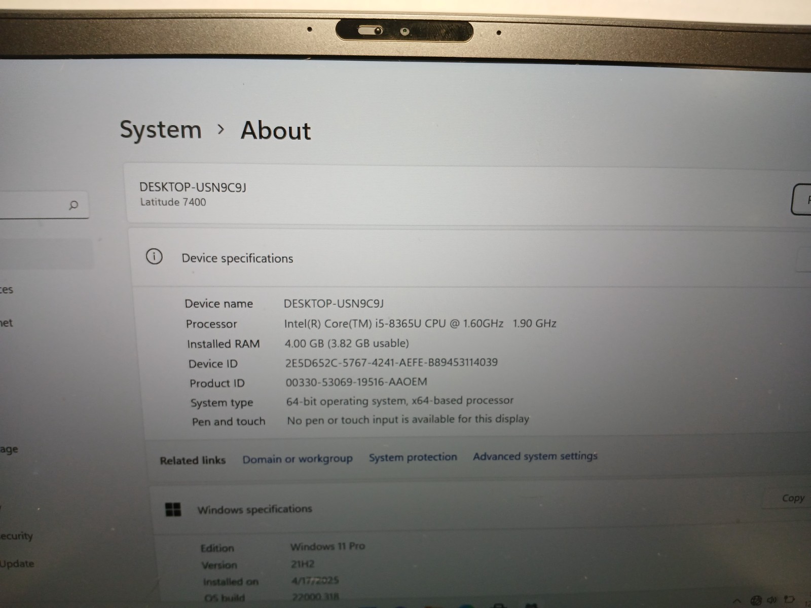 Dell Latitude 7400 14″ Laptop Core i5-8365U 4GB RAM 256GB SSD Win11 #97