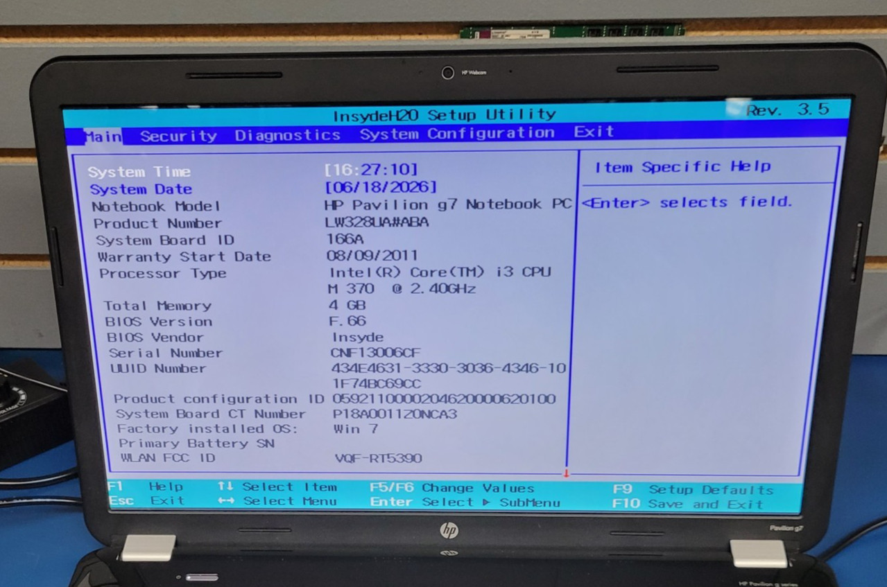 HP Pavilion G7-1156nr / Intel i3-M370 @2.40GHz / 4GB RAM / 500 GB HDD Windows 10