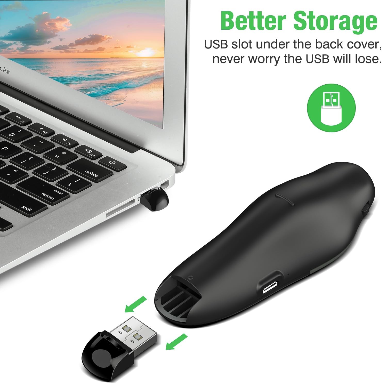 DinoFire Green Wireless Presenter Remote RF 2.4GHz USB Rechargeable Clicker