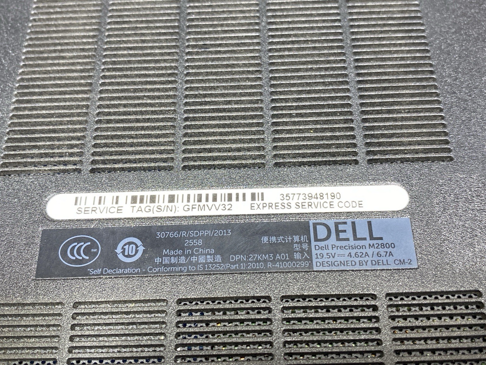 Dell Precision M2800 Intel i7-4610M 8GB RAM – AMD FirePro W4170M- NO HDD/BATT