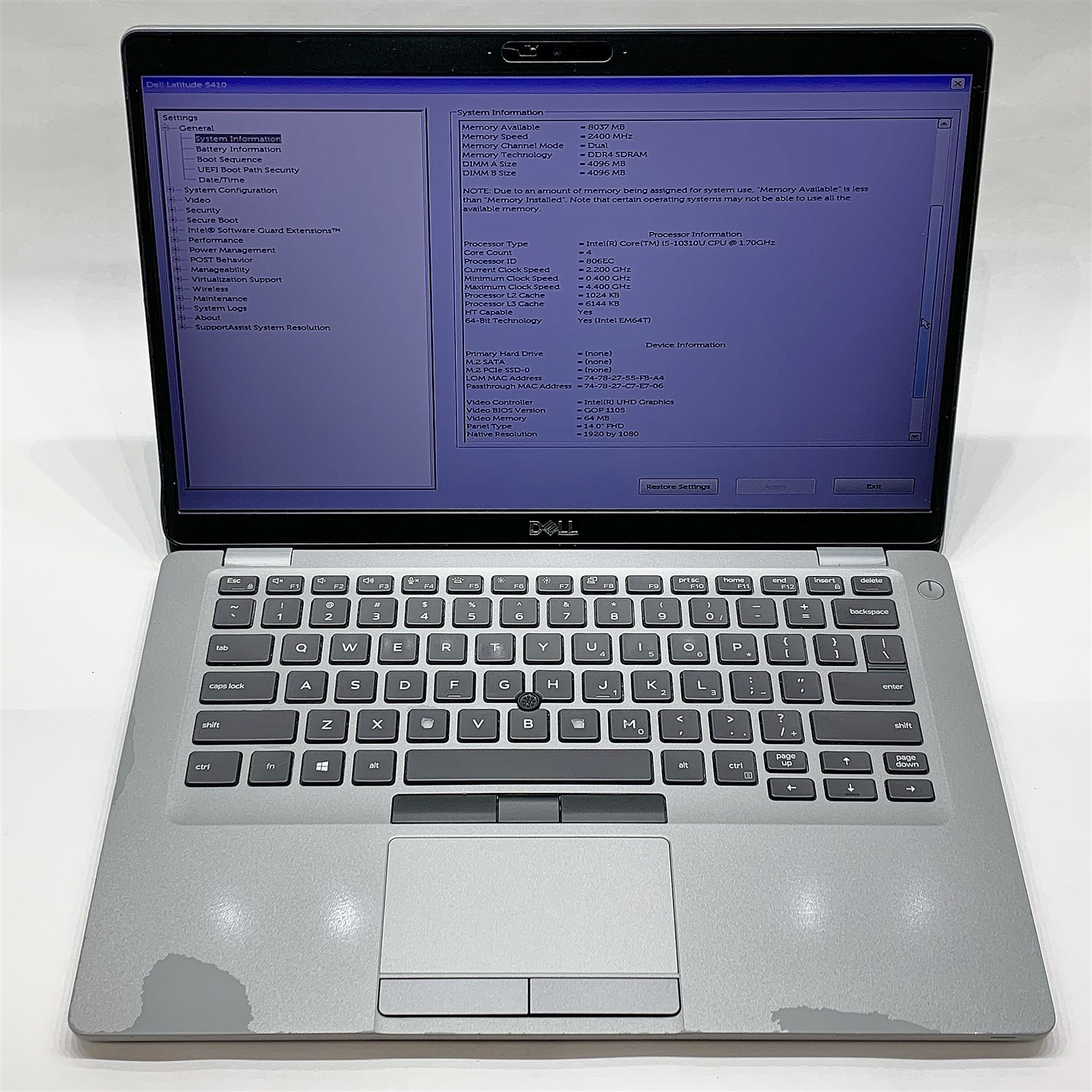 Dell Latitude 5410 Laptop Intel Core i5 10310U 1.70GHZ 14″ FHD 8GB RAM NO HDD