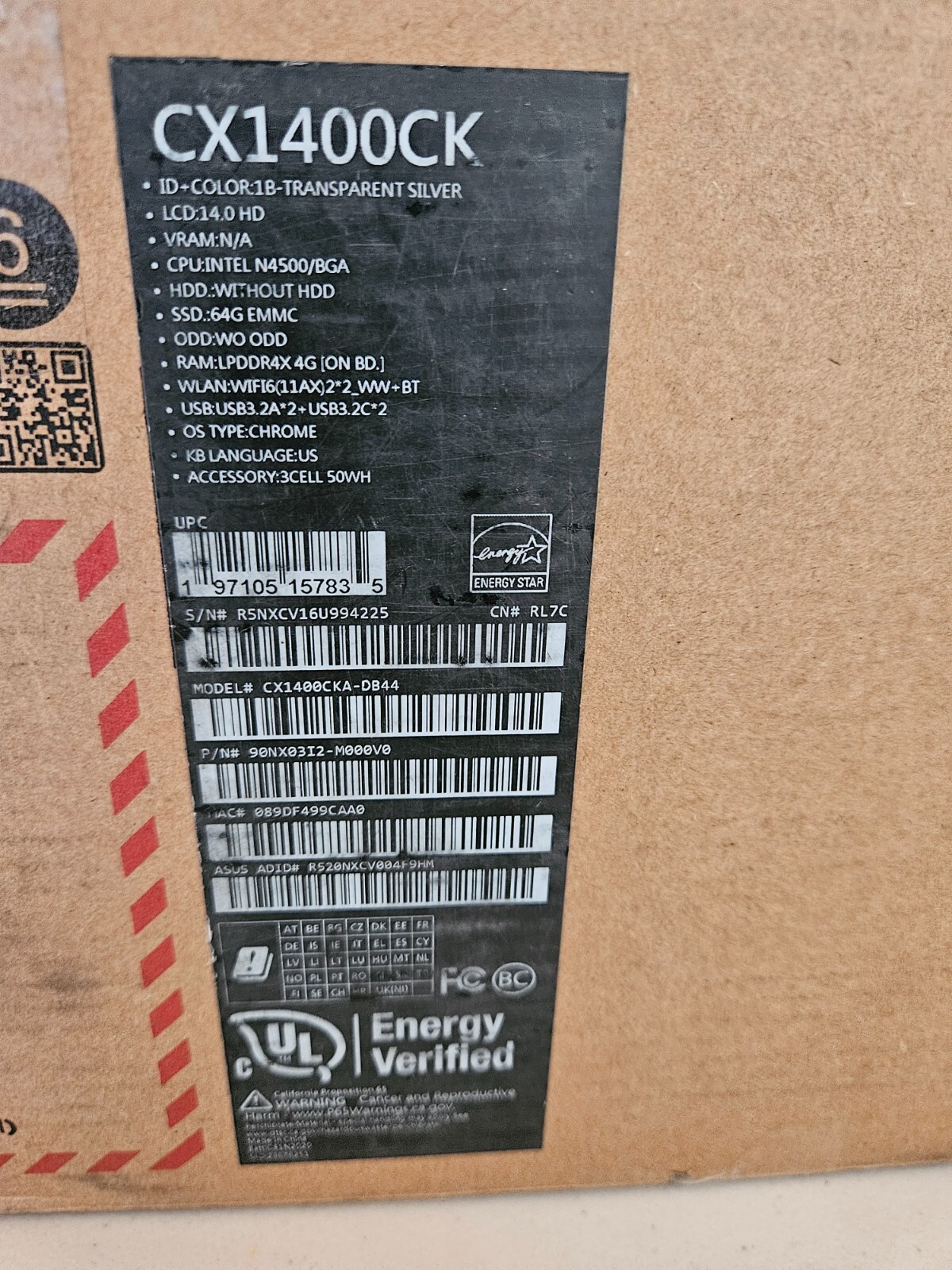 Asus Chromebook CX1 14″ Intel Celeron N4500 4GB 64GB (model: CX1400CKA-DB44)