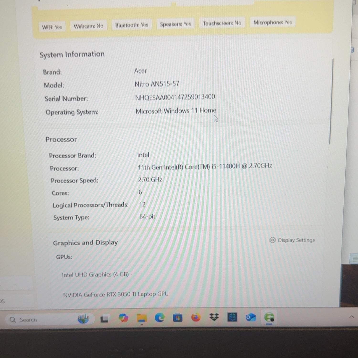 Acer Nitro 5 15.6″ i5-11400H 2.7GHz 16GB RAM 1.5TB SSD GeForce RTX 3050 Ti