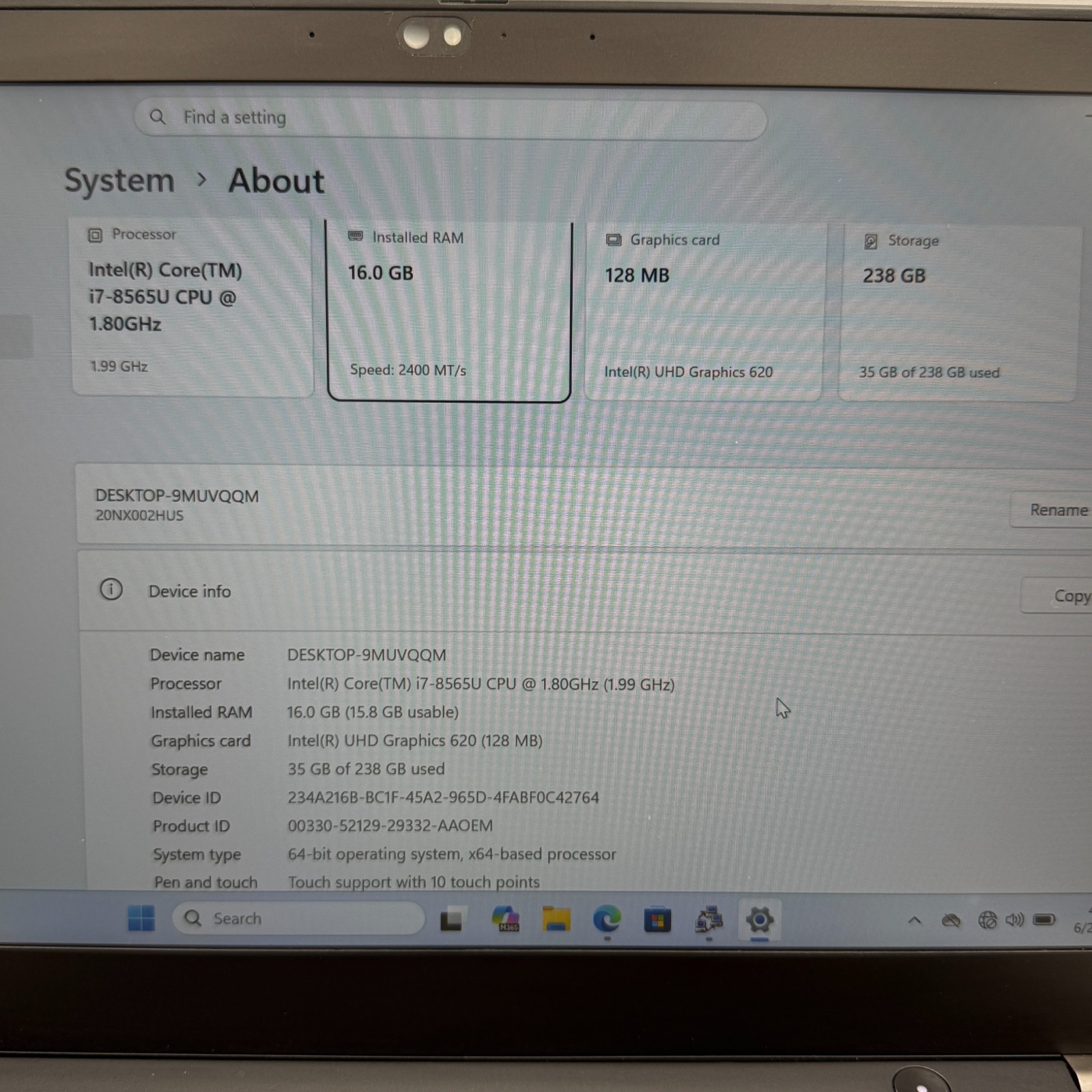 Lenovo ThinkPad T490s 14″ i7-8565U 16GB RAM 256GB SSD Win11 Pro Fingerprin Fair