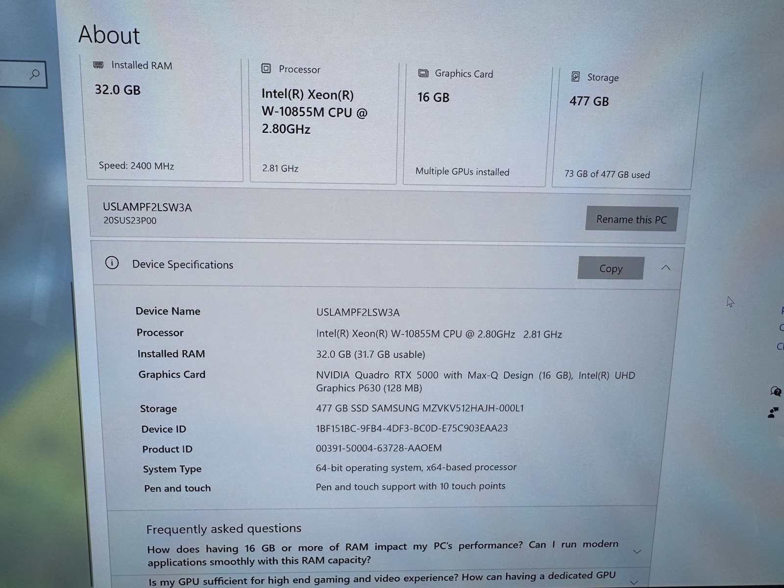 Lenovo ThinkPad P15 Gen 1 Xeon W-10855 RTX 5000 4K OLED Touch 32GB MEM 512GB SSD