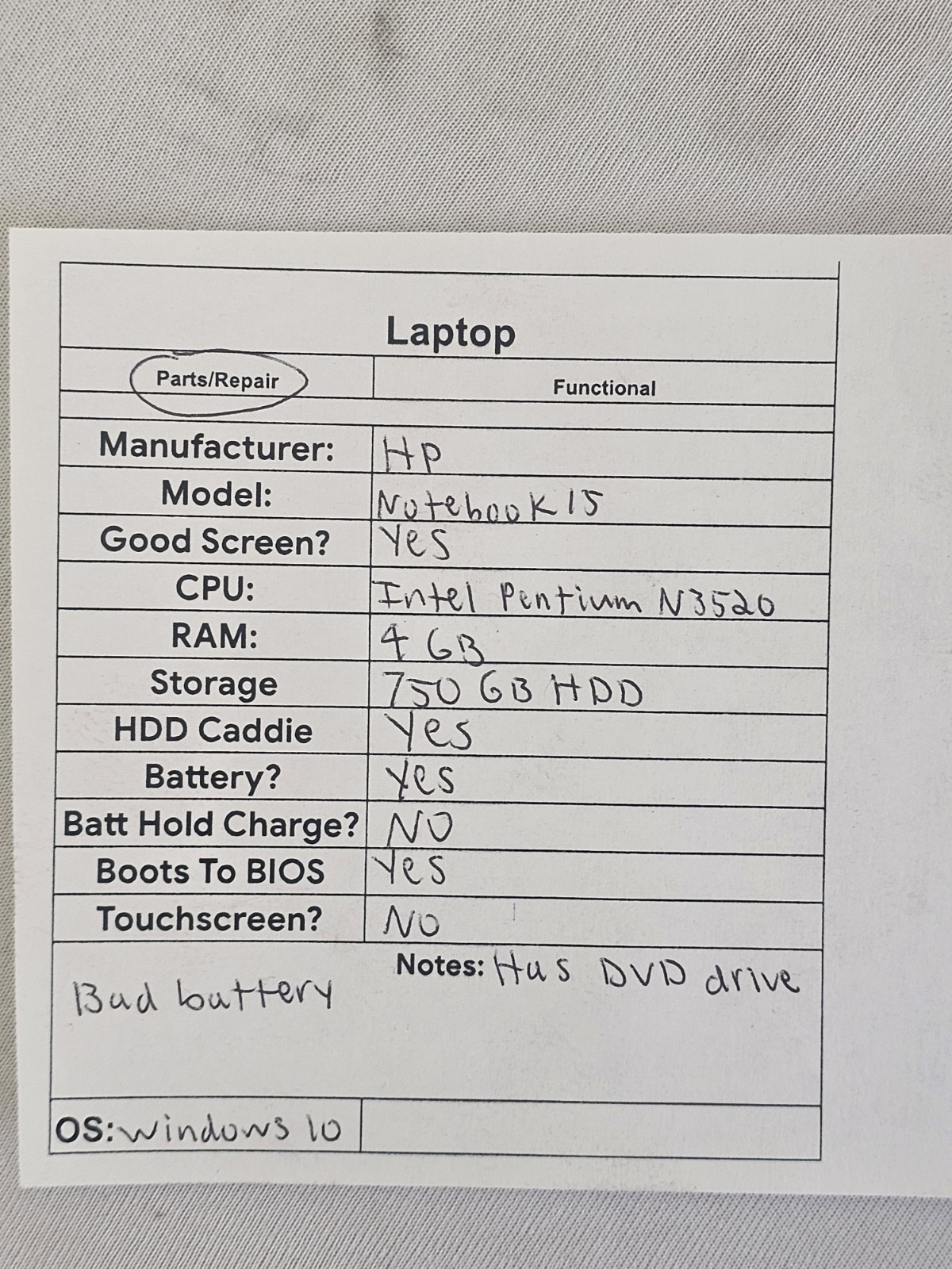 HP Notebook 15 Laptop – Intel Pentium N3520 – 4GB RAM 750GB HDD BAD BATT Win 10