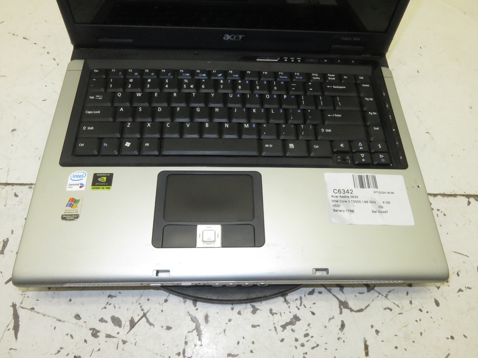 Acer Aspire 5630 Laptop Intel Core 2 Duo T5500 4GB Ram No HDD or Battery