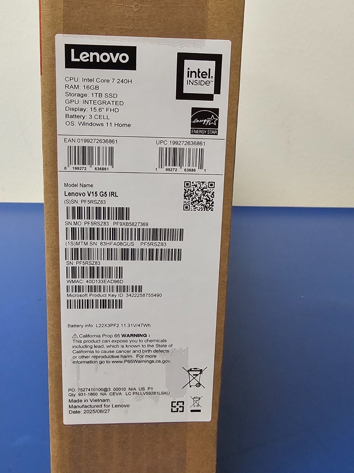 Lenovo V15 G5 IRL, Intel Core 7 240H, 2.50 GHz, 16 GB RAM, 1 TB NVMe SSD