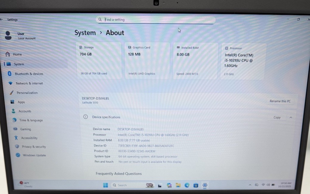 Dell Latitude 3510 Core i5-10210U @ 1.60GHz 8GB RAM 800GB SSD Windows 11 Pro