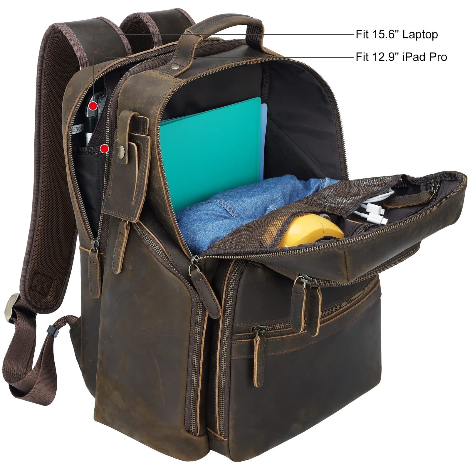 TIDING Men’s Vintage Leather 15.6″ Laptop Backpack Multi-Pocket Travel Rucksack