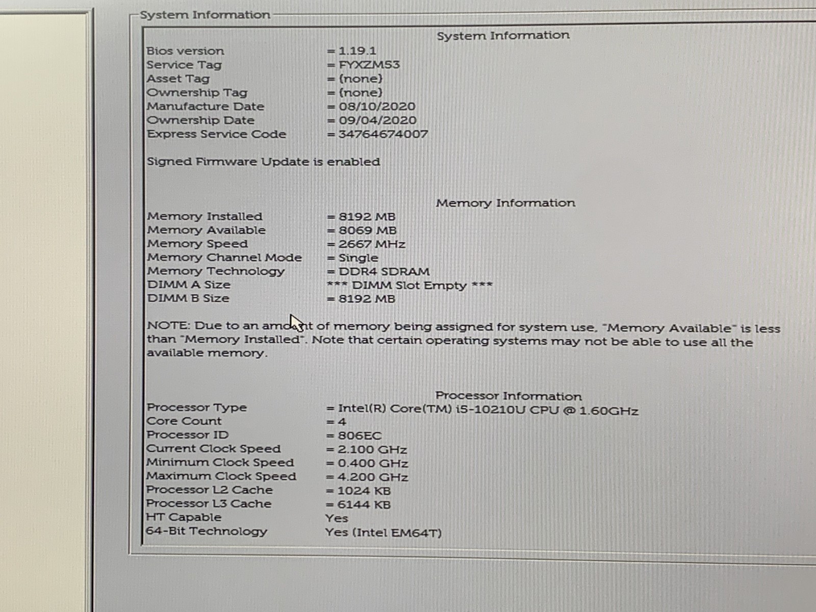DELL LATITUDE 5410 i5-10210U@ 1.60GHz 8GB RAM 256GB NVMe NO OS WAC *READ