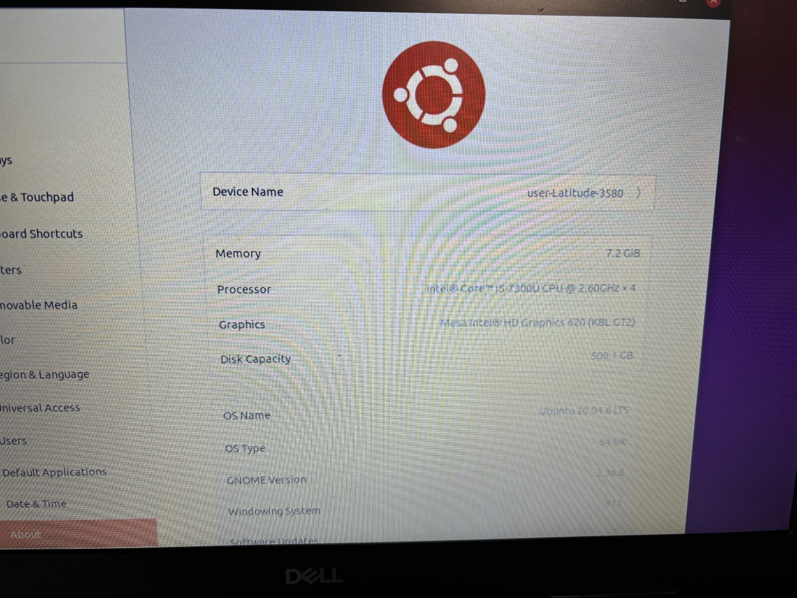 DELL LATITUDE 3580 i5 7300U 2.60GHz 8 GB RAM 500 GB HDD