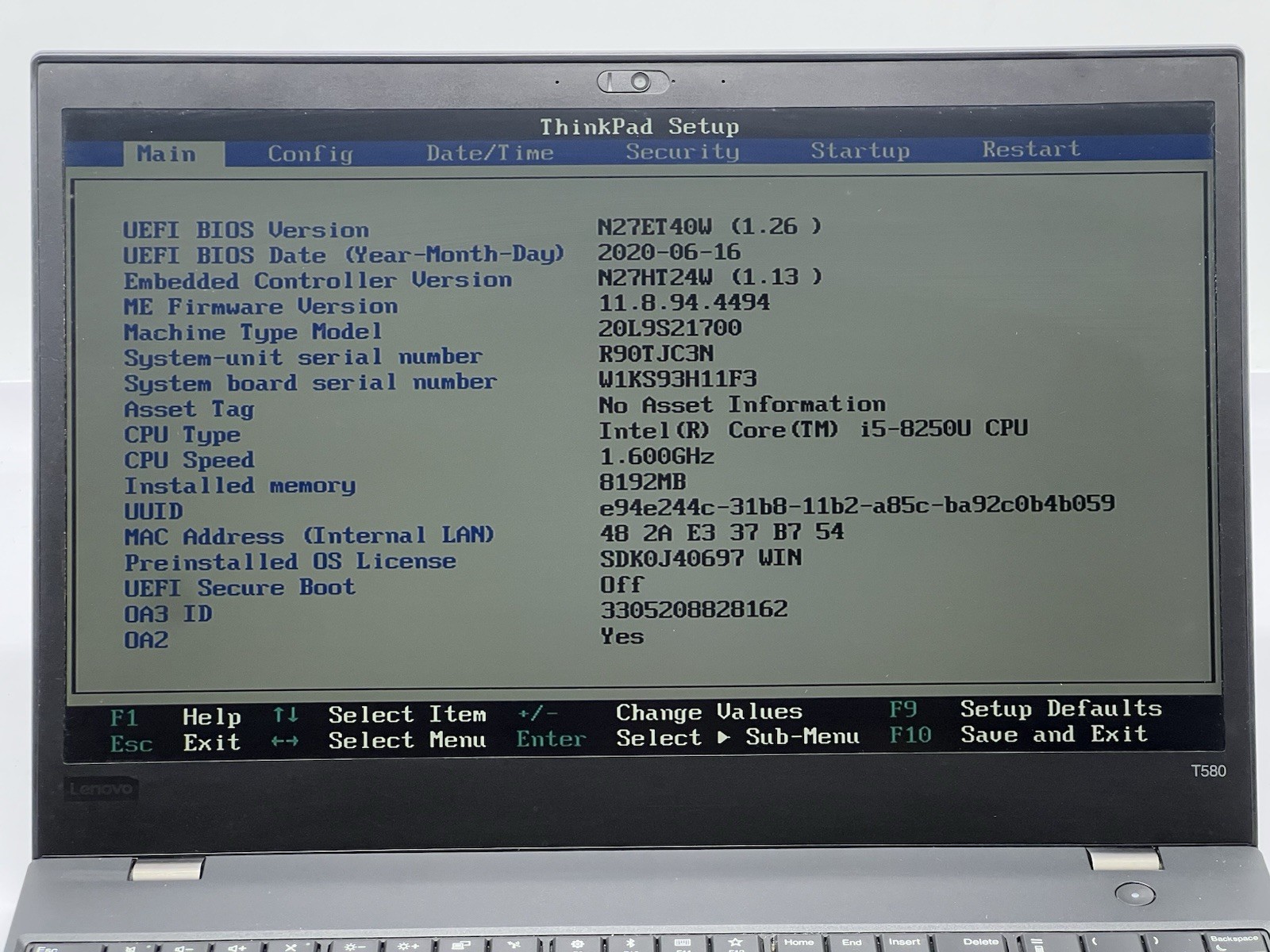 Lenovo ThinkPad T580, i5-8250U CPU, @ 1.60GHz, 8GB RAM, 256GB NVMe-No OS/Charger