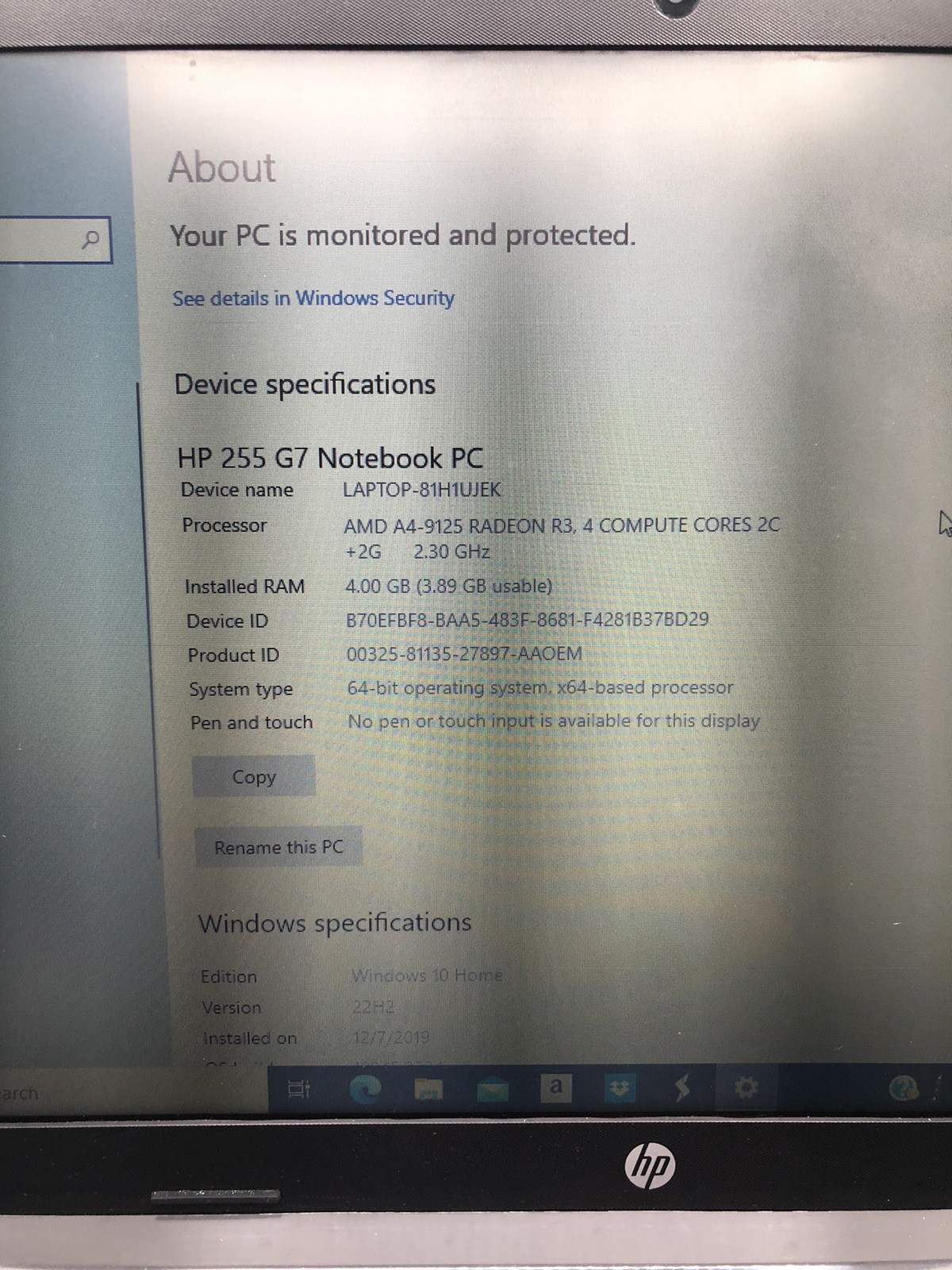 HP Notebook 255 G7 AMD A4-9125 Radeon R3 2.30GHz 4GB RAM 120GB SSD with Adapter