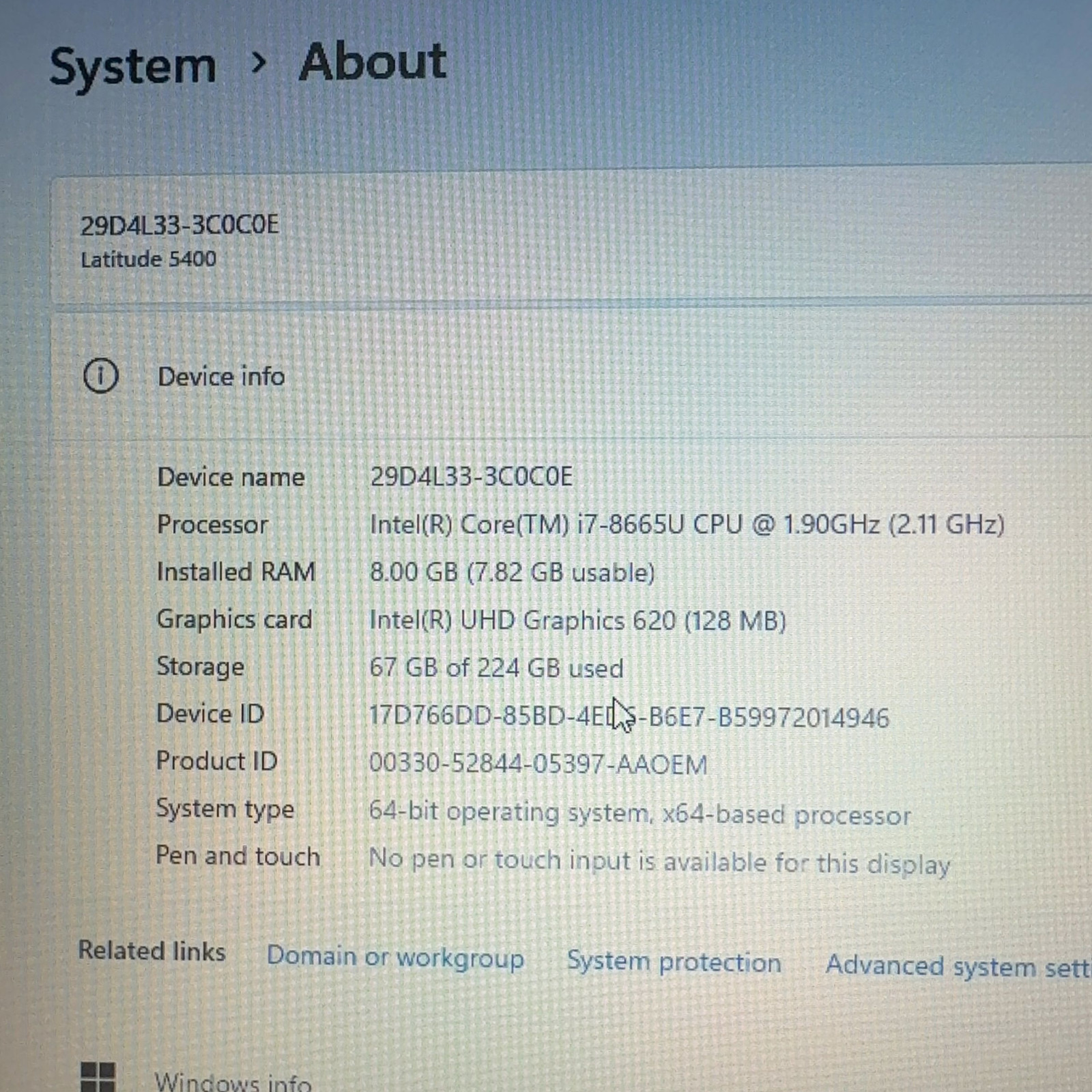 Dell Latitude 5400 14″ i7-8665U 1.9GHz 8GB RAM 240GB SSD Win 11 Pro