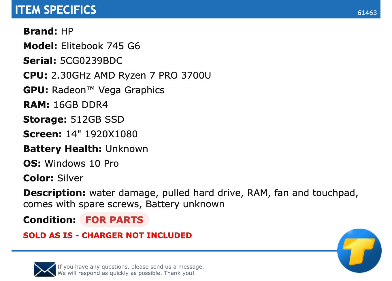 FOR PARTS: HP Elitebook 745 G6 – 14″ FHD, 2.30GHz Ryzen 7 PRO, 16GB RAM