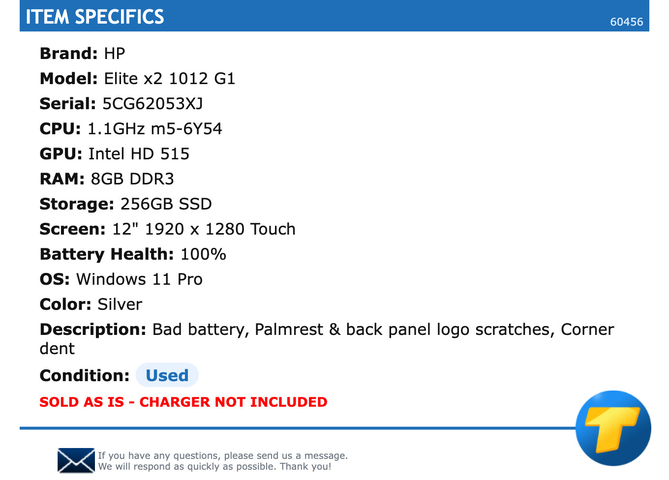 HP Elite x2 1012 G1 – 12″ FHD+ Touch, 1.1GHz m5-6Y54, 8GB RAM, 256GB SSD