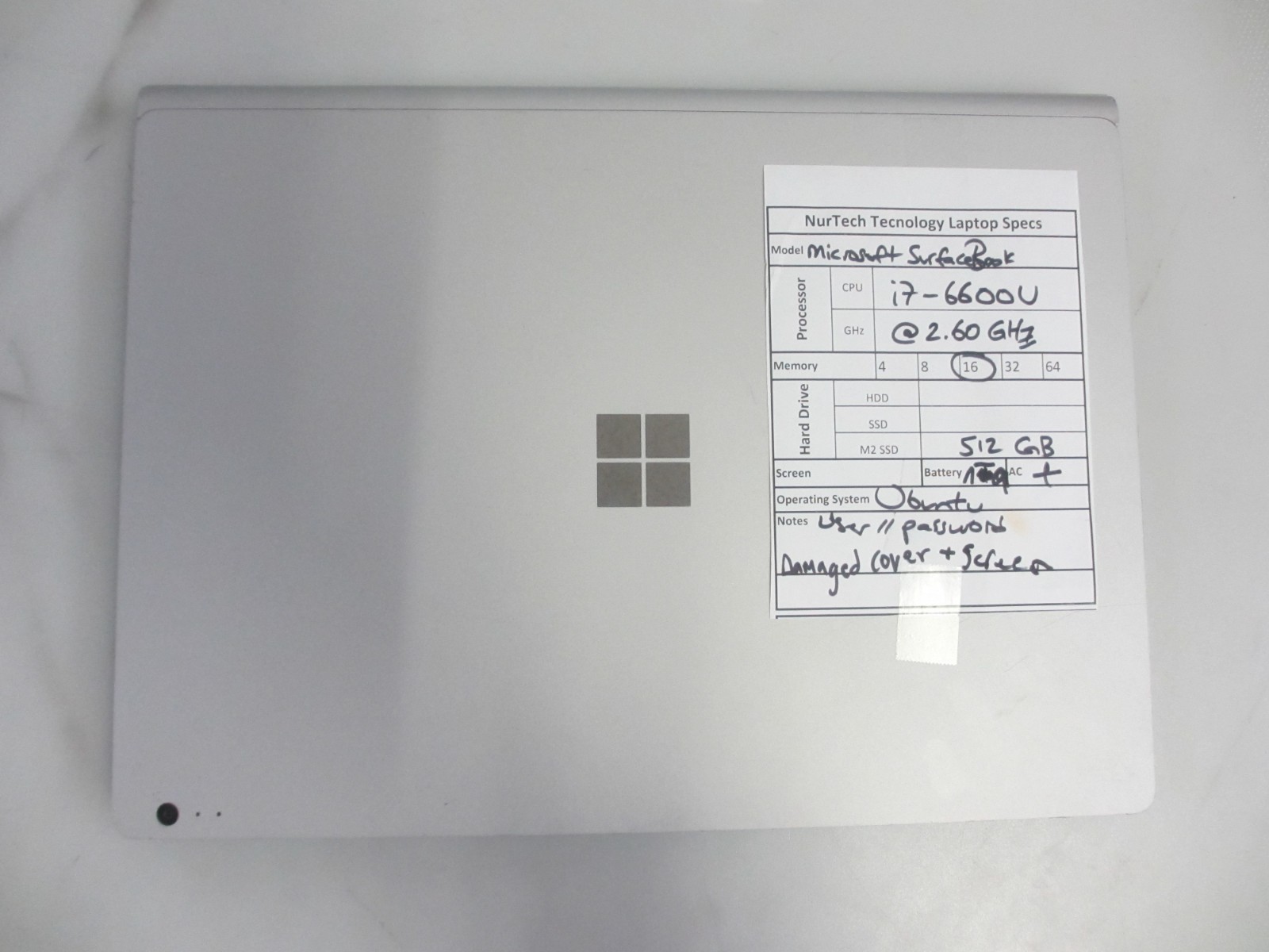 Microsoft SurfaceBook i7 2.6GHz 16GB/512GB M2 SSD Ubuntu Laptop +AC READ