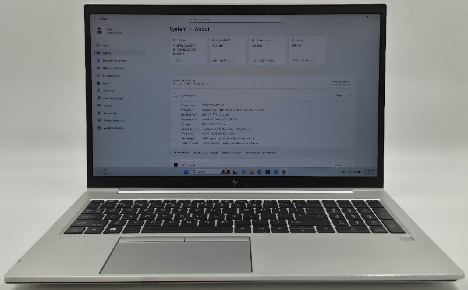 HP EliteBook 850 G7 Laptop i5-10210U 1.60GHz 8GB RAM 256GB NVMe Win 11 Pro