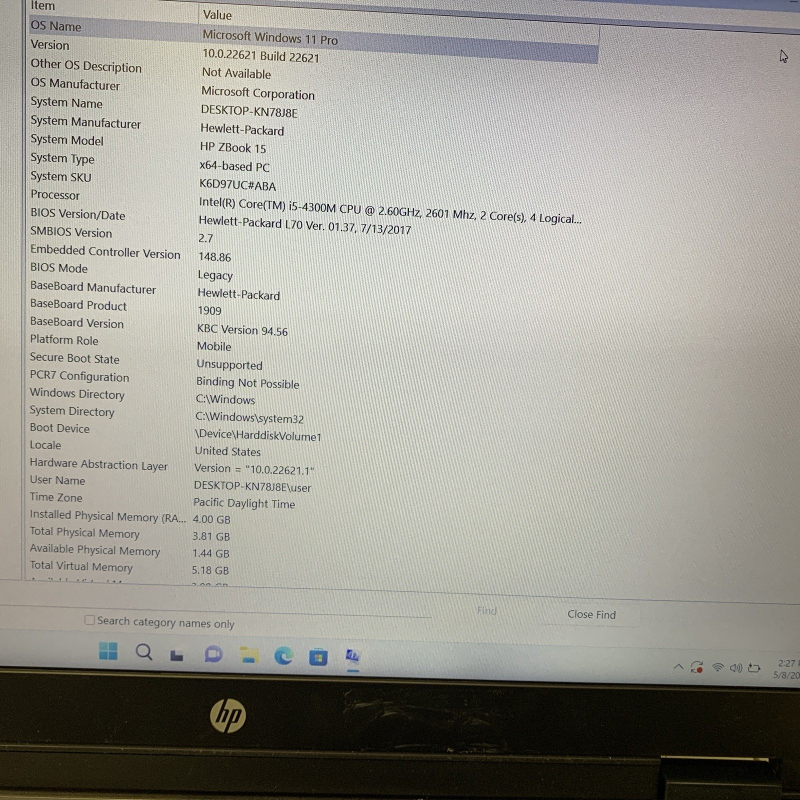 HP ZBOOK 15 15.5″ Core i5-4300M 2.60 GHz 4GB RAM 240GB SSD WIND 11 Pro