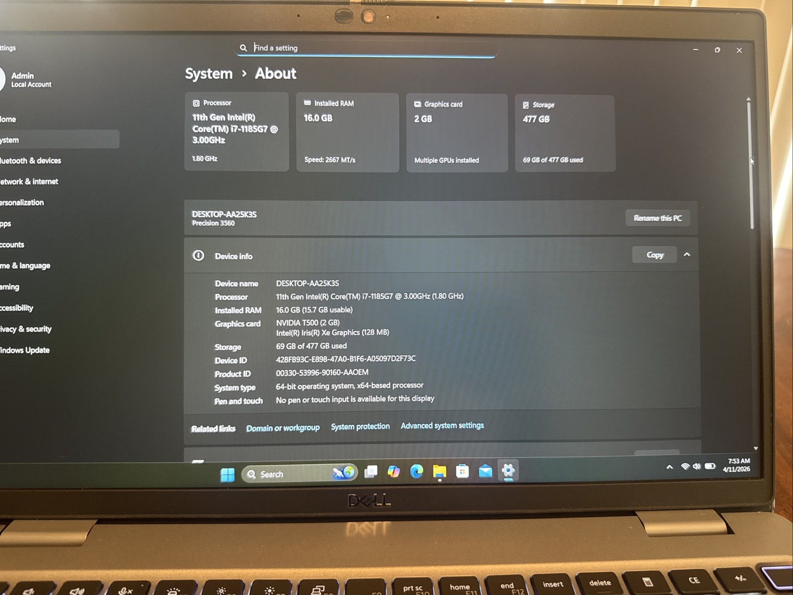 [C] Dell Precision 3560 15.6″ FHD Laptop i7-1185G7 16GB | 256GB SSD Nvidia T500