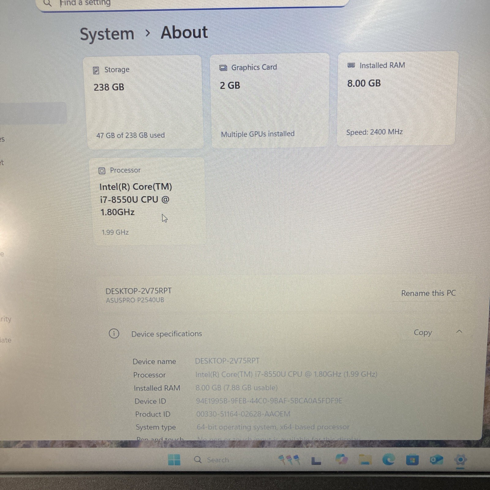 ASUS P2540U Intel Core i7-8550U 1.80GHz 8GB RAM 256 GB SATA win 11pro