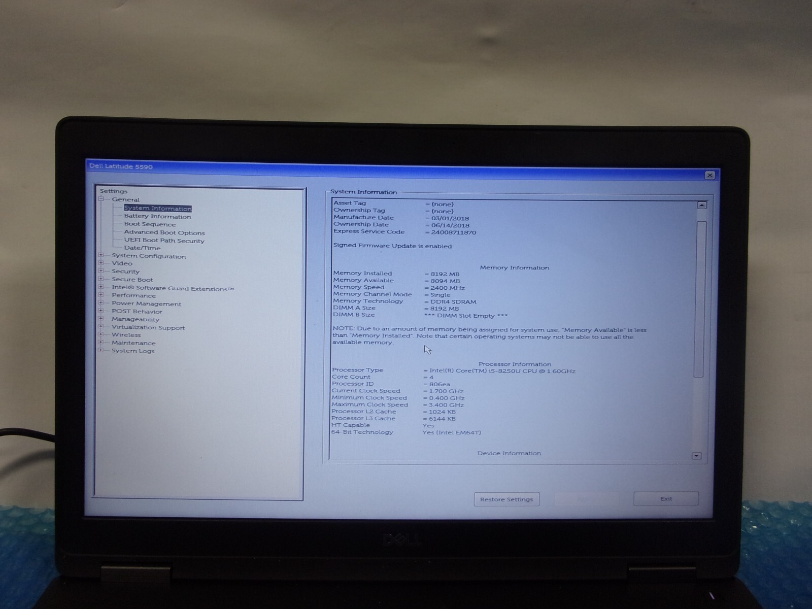 Dell Latitude 5591 15.6″ Intel Core i5-8th gen 8GB RAM 256GB SSD Win11Pro