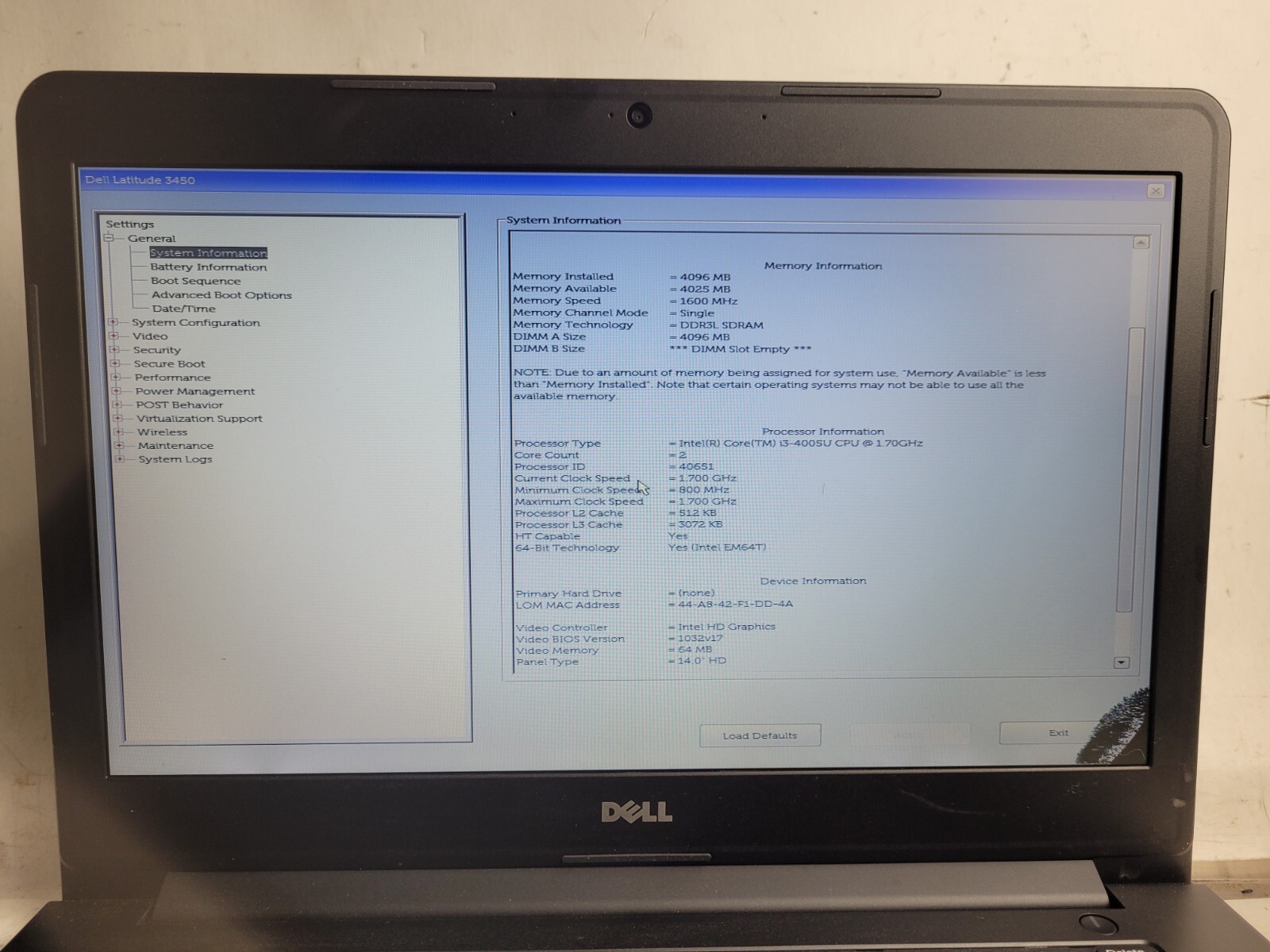 Dell Latitude 3450 w/i3-4005U@1.70GHz, 4GB RAM, 14″ Laptop for Parts #1943