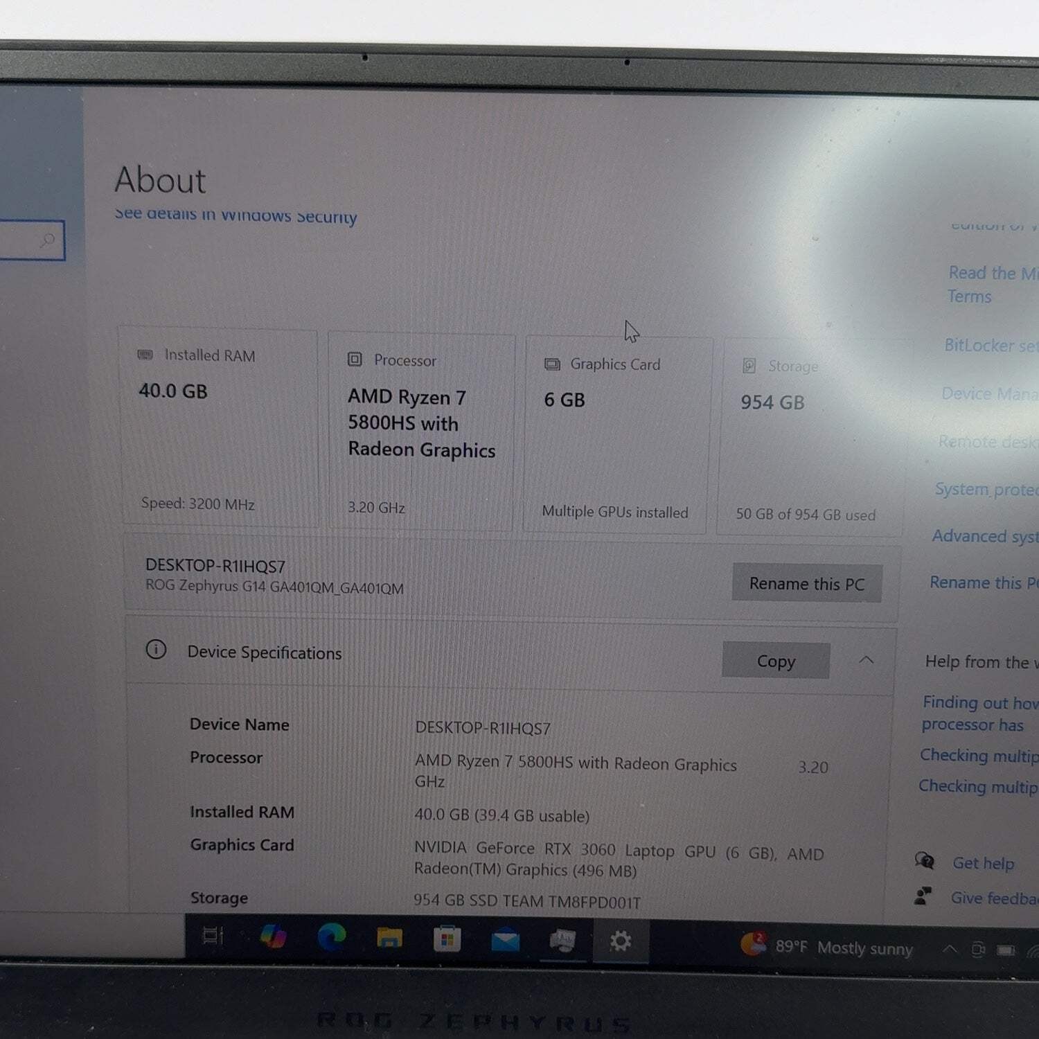 Asus ROG Zephyrus G14 Ryzen 7 5800HS 3.2GHz 40GB RAM 1TB SSD GeForce RTX 3060