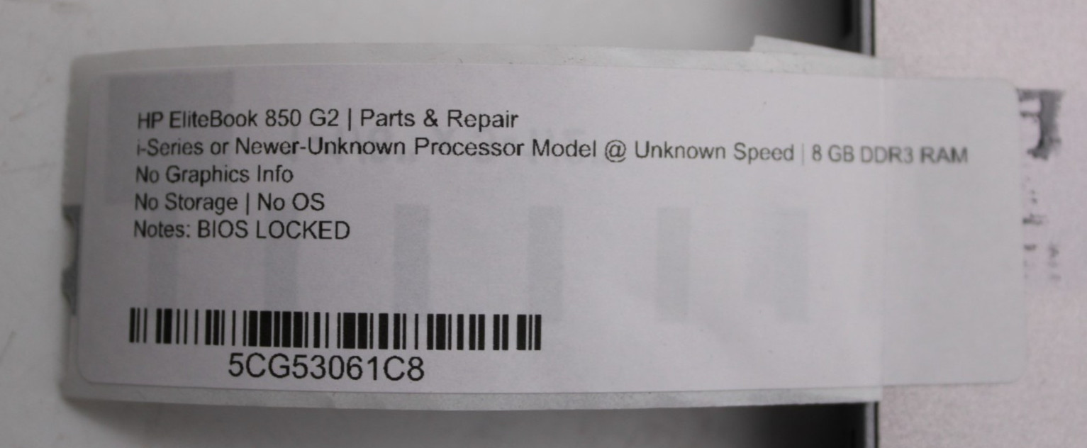 HP EliteBook 850 G2 UNKNOWN PROCESSOR/RAM/STORAGE/OS BIOS LOCKED *PARTS/REPAIR*