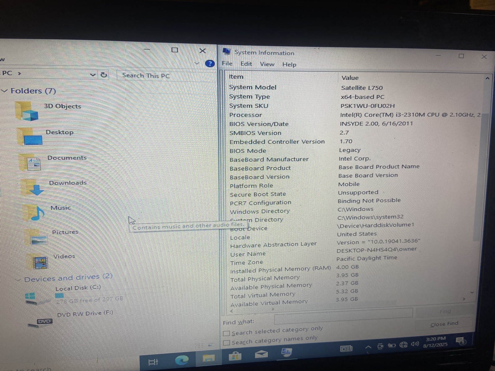 TOSHIBA SATELLITE L750 15.6″ INTEL CORE i3 2.10GHz 4GB 320 GB WIN 10 PRO