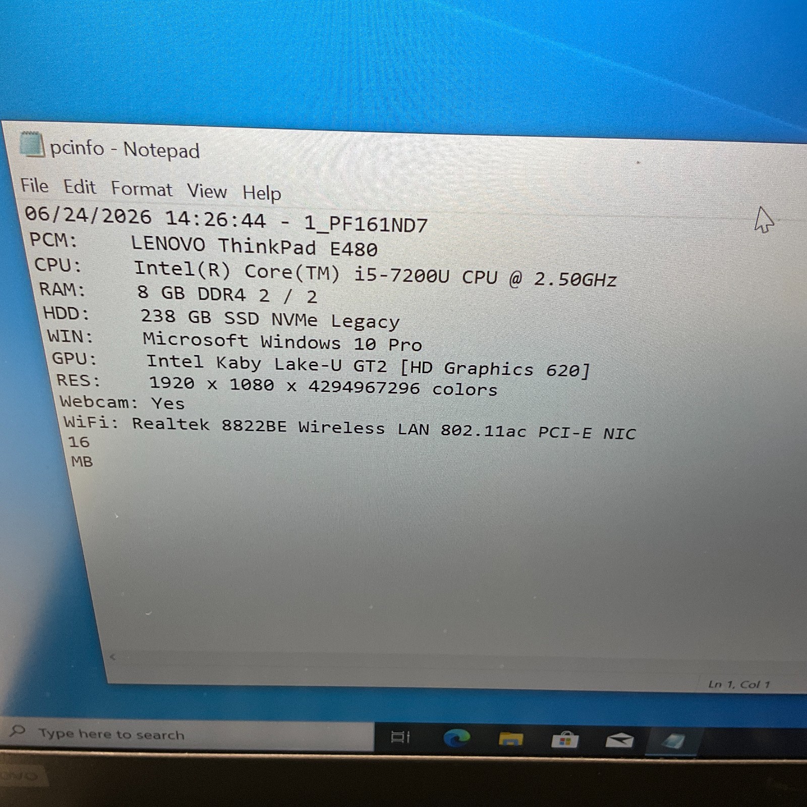 Lenovo ThinkPad E480 14″ Laptop Core i5-7200u 8GB RAM 256GB SSD Windows 10 Pro