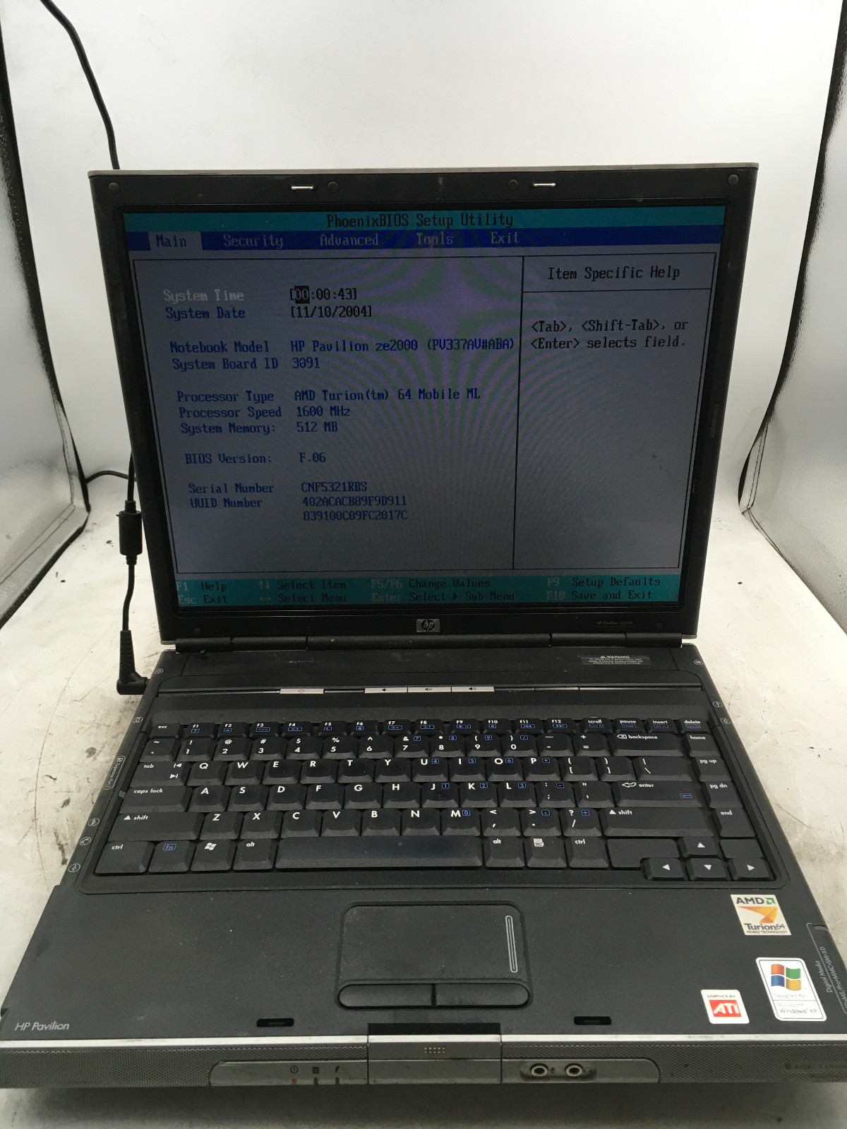HP PAVILION ZE2000 – BOOTS TO BIOS – AMD TURION 64 – 512MB RAM – READ DESC – BB