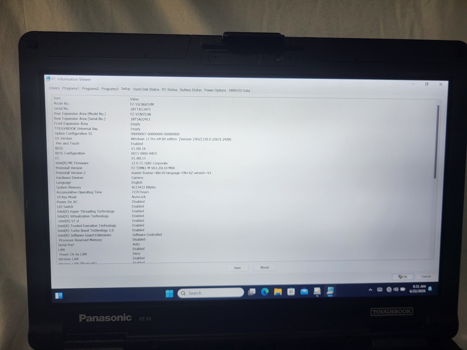 Panasonic FZ 55 Toughbook i7-8665U 1.9GHz 8GB 256MB SSD 11Pro