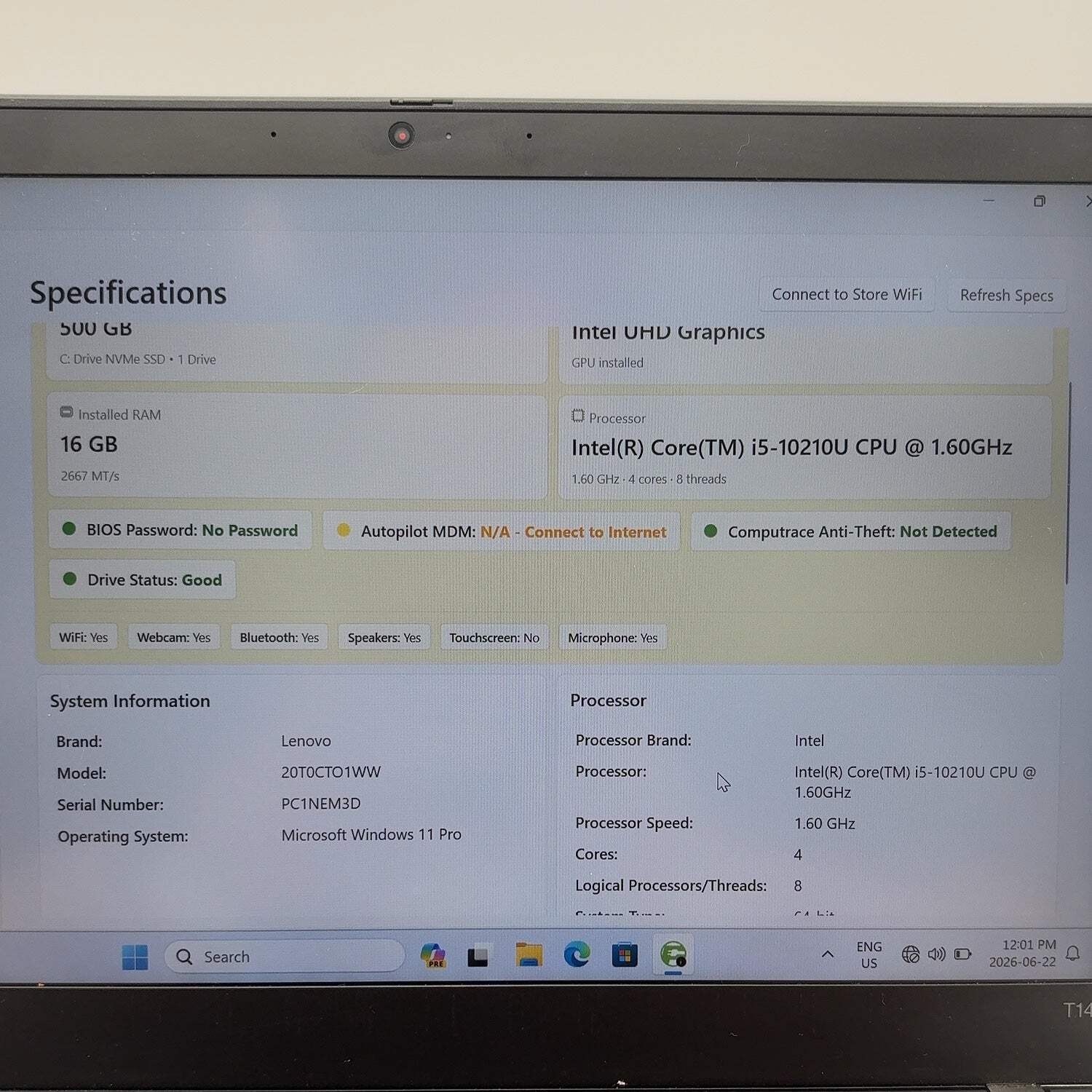 Lenovo ThinkPad T14 Gen 1 20T0CTO1WW 14″ i5-10210U 1.6GHz 16GB RAM 500GB SSD