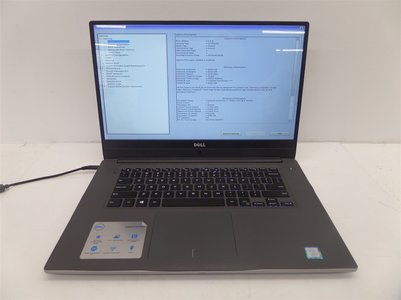 Dell Inspiron 15 7000 Intel I7-7500U 2.70Ghz 8GB RAM 1TB HDD Windows 10 Home