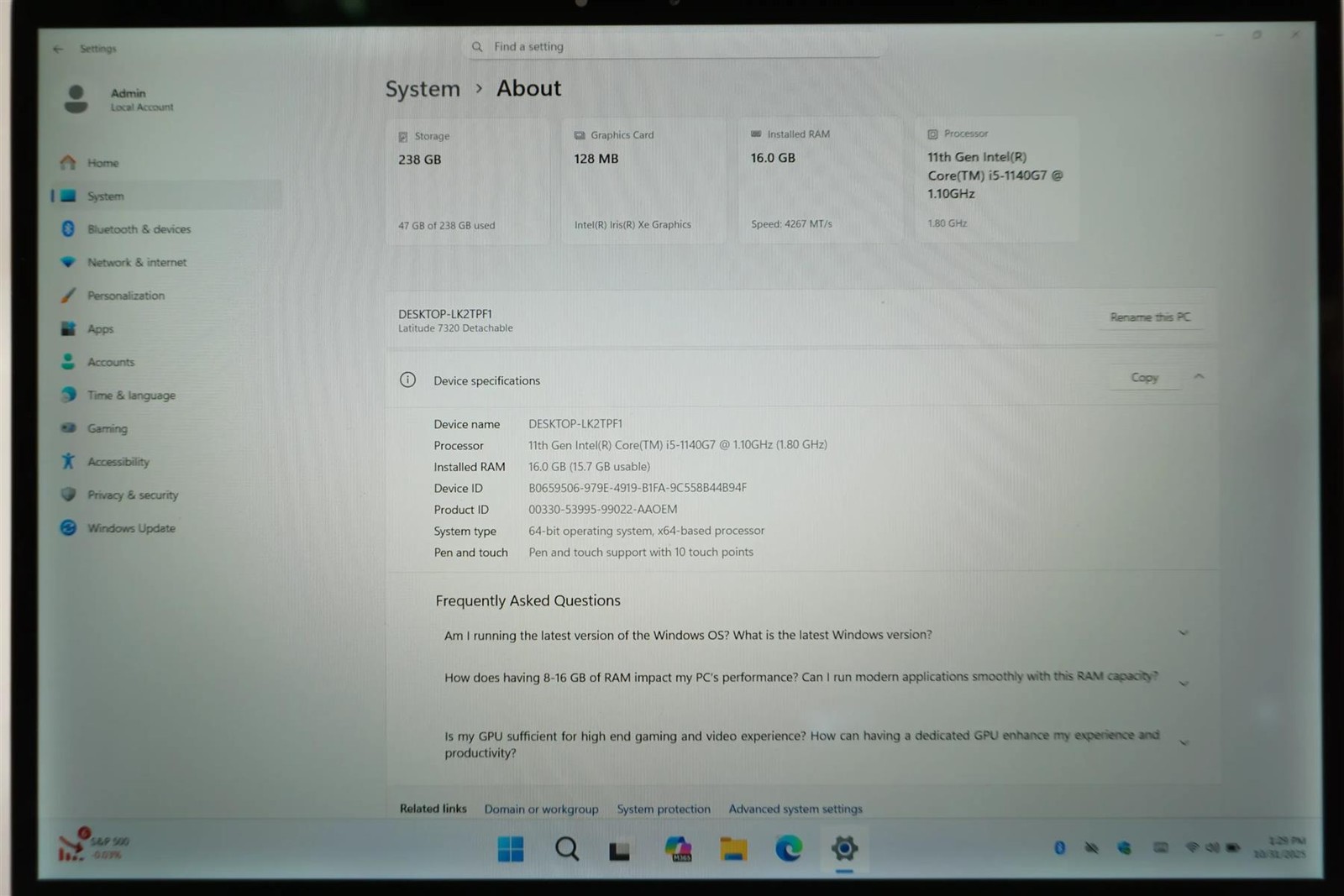 Dell Latitude 7320 Detachable Core i5-1140G7 1.1GHz 16GB 256GB