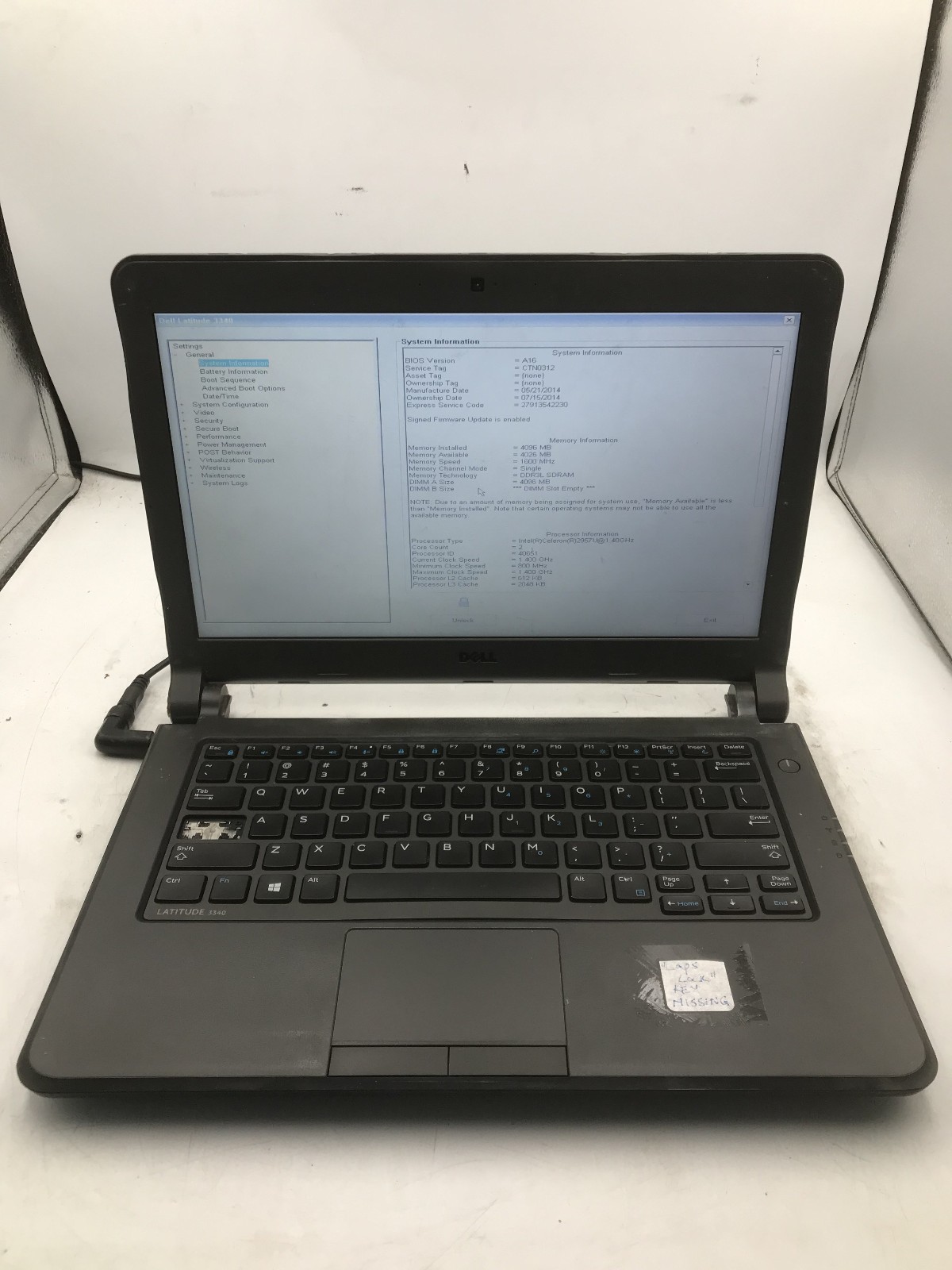 DELL LATITUDE 3340 – BOOTS TO BIOS/LOCKED – INTEL CELERON 2957 – NO RAM -READ-BB