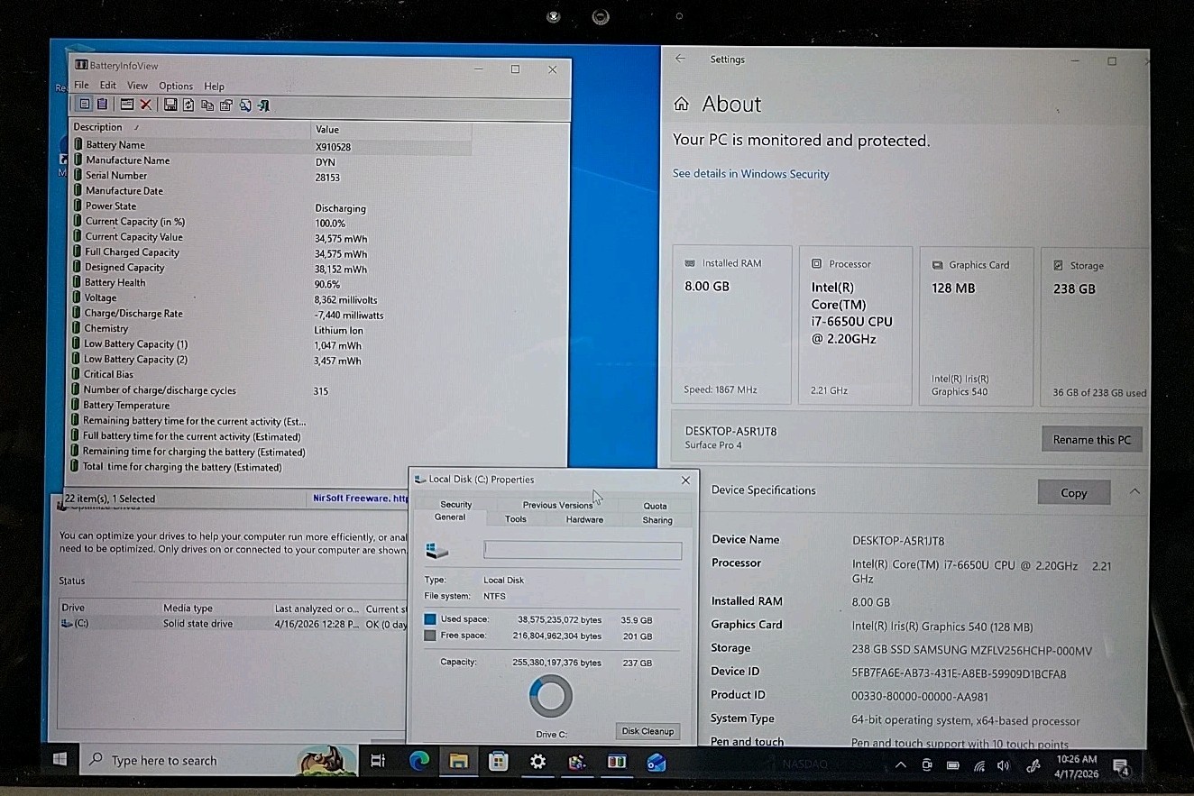 Microsoft Surface Pro 4, Intel Core i7-6650U @ 2.2GHz, 8GB RAM, 256GB SSD, W10P