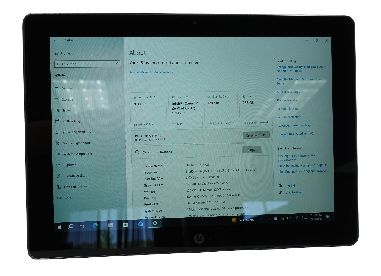 HP Pro X2 612 G2 Tablet Core i5-7Y54 1.20GHz 8GB 256GB SSD