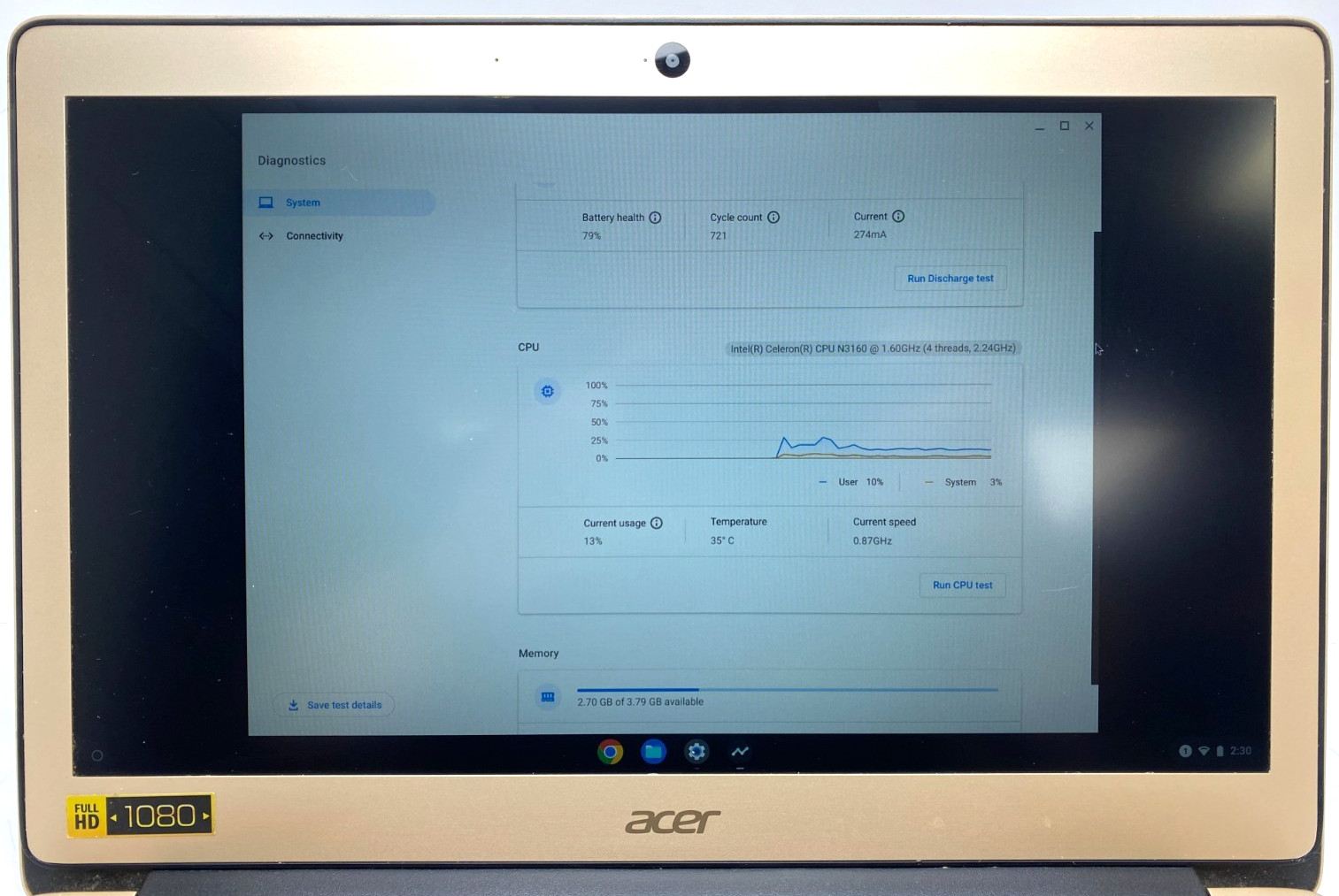 ACER CHROMEBOOK 14 CB3-431 14″ FHD CELERON N3160 1.60GHz 4GB 32GB SSD + ADPTR