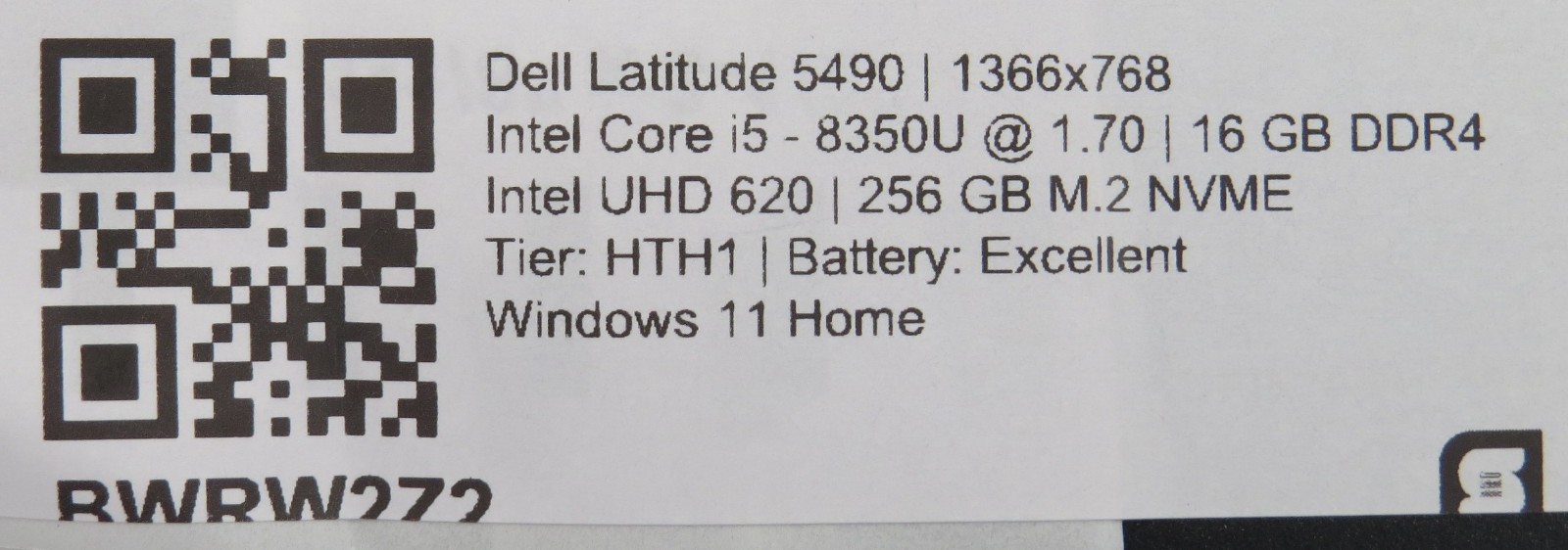 Dell Latitude 5490 i5-8350U @ 1.7GHz 16GB DDR4 256GB m2 Win 11 No AC