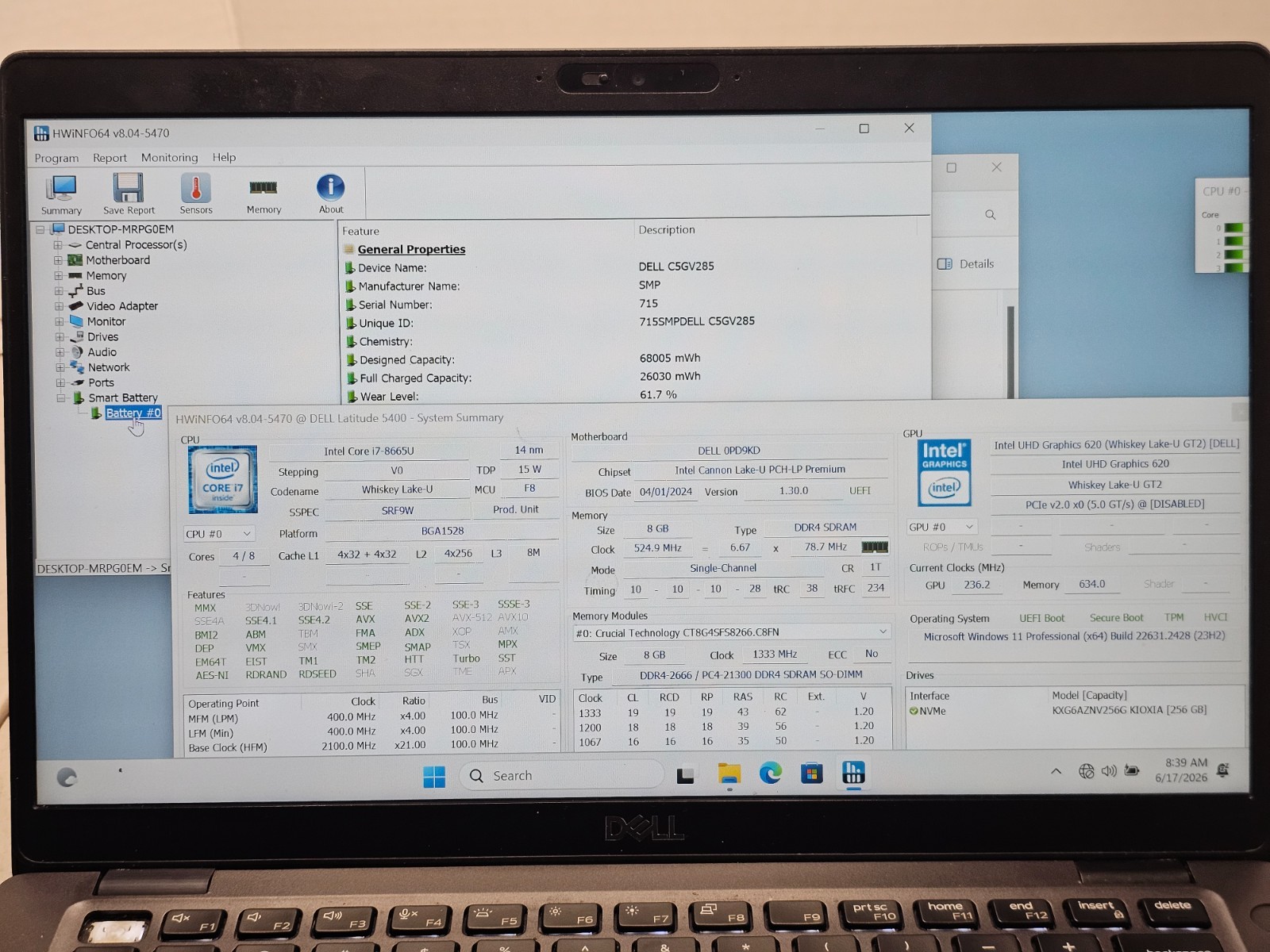 Dell Latitude 5400 i7-8665U 8GB RAM 256GB SSD Win 11 NO AC #04