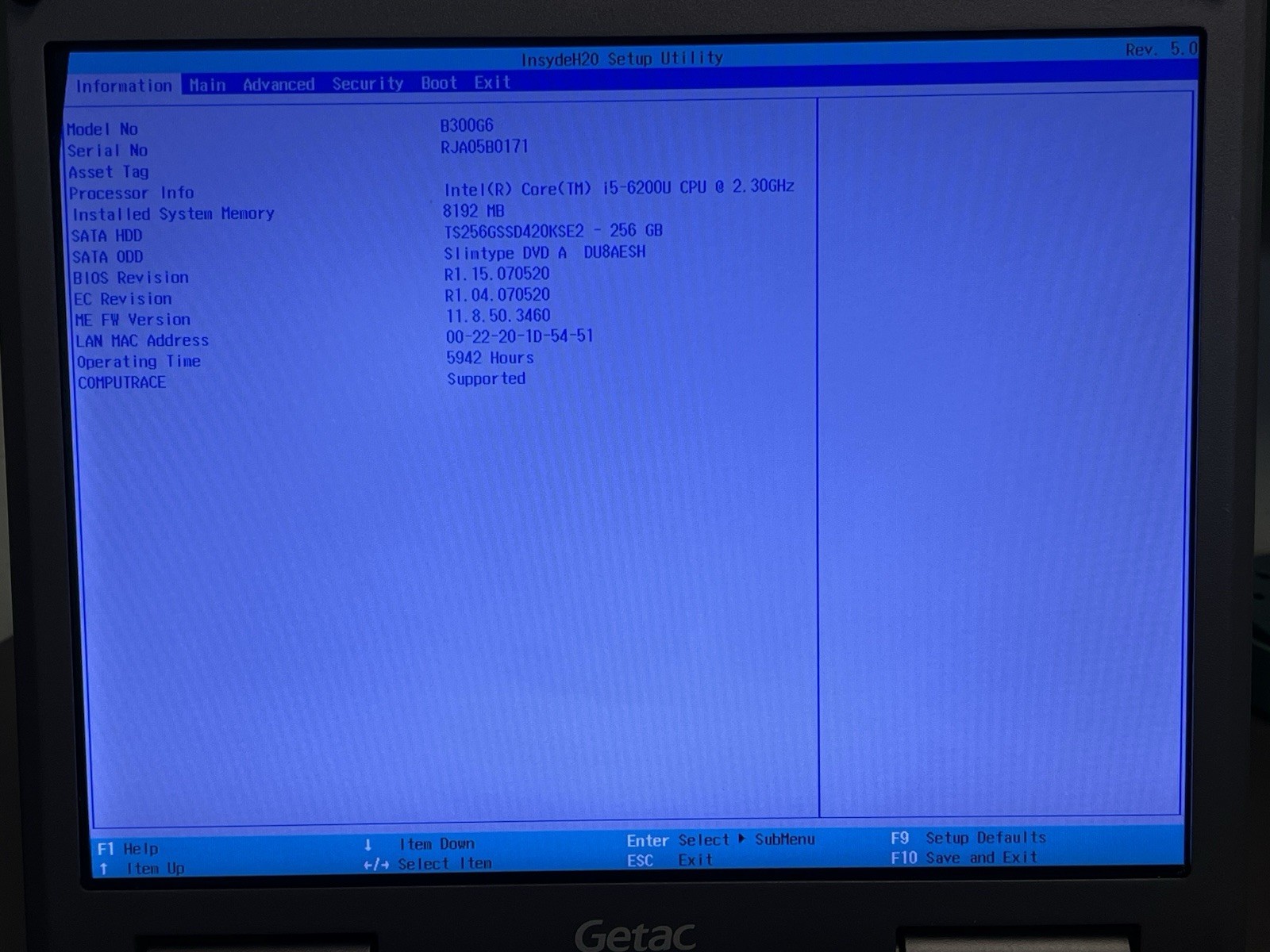 Getac B300 G6 Touchscreen i5-6200U 2.30GHz 8GB Ram 256GB SSD 5942 Hours
